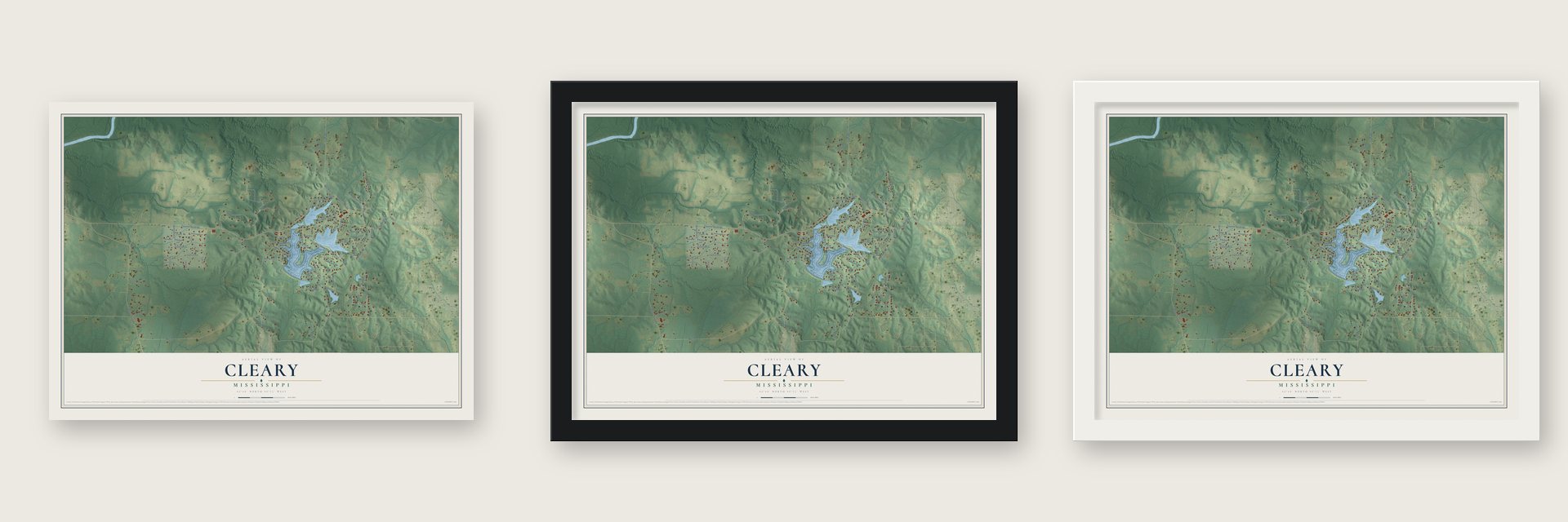 Cleary, Mississippi map unframed, in a black wood frame and in a white wood frame