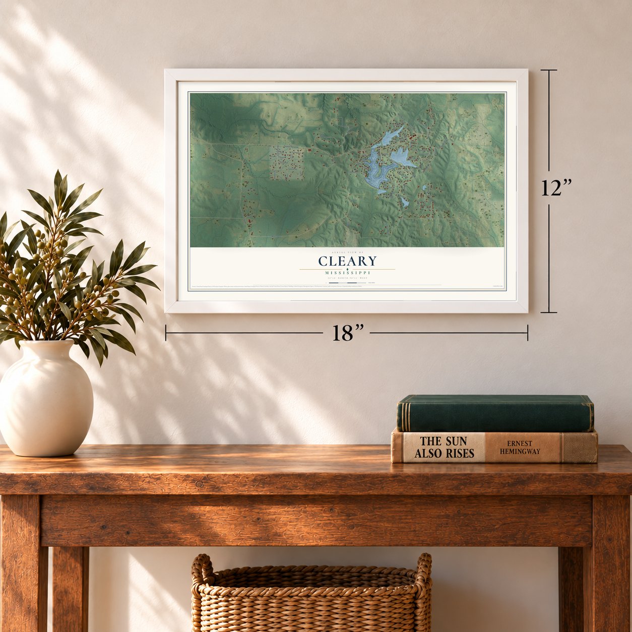 Cleary, Mississippi map, 12 x 18 inch print in a white frame in an entryway