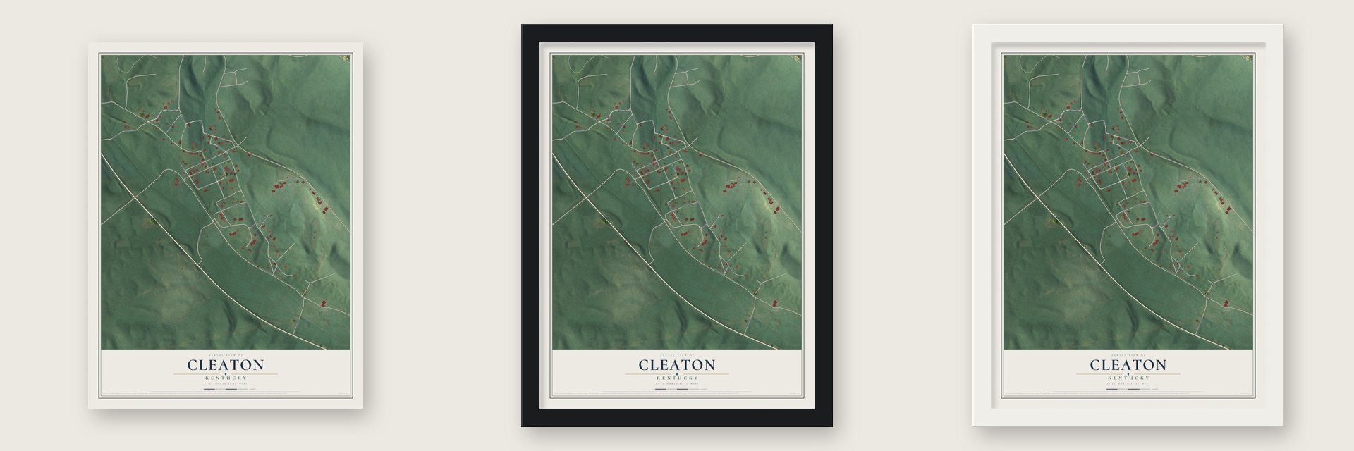 Cleaton, Kentucky map unframed, in a black wood frame and in a white wood frame