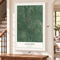Cleaton, Kentucky map, 24 x 36 inch print in a white frame by a staircase
