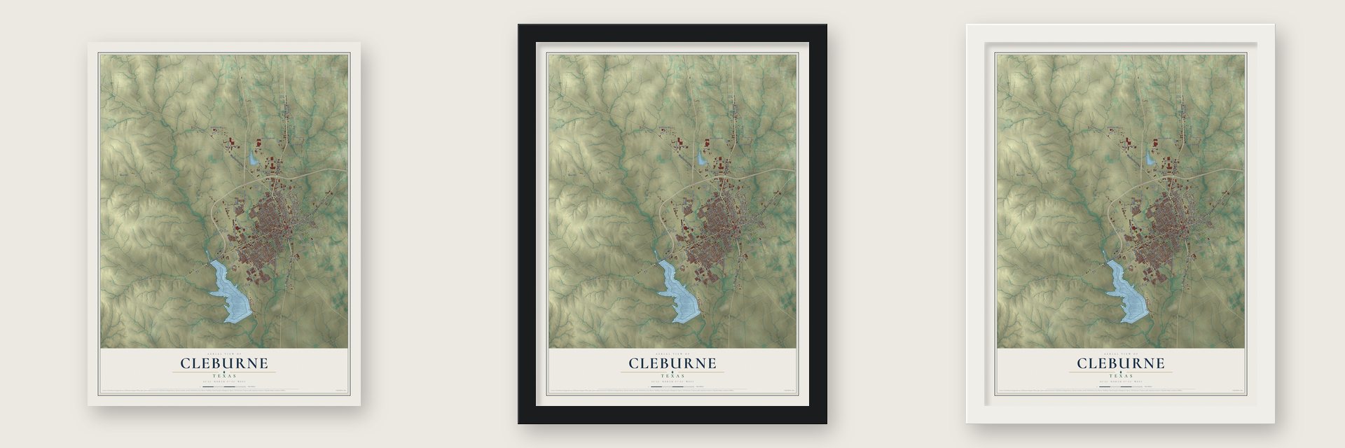 Cleburne, Texas map unframed, in a black wood frame and in a white wood frame