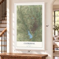 Cleburne, Texas map, 24 x 36 inch print in a white frame by a staircase