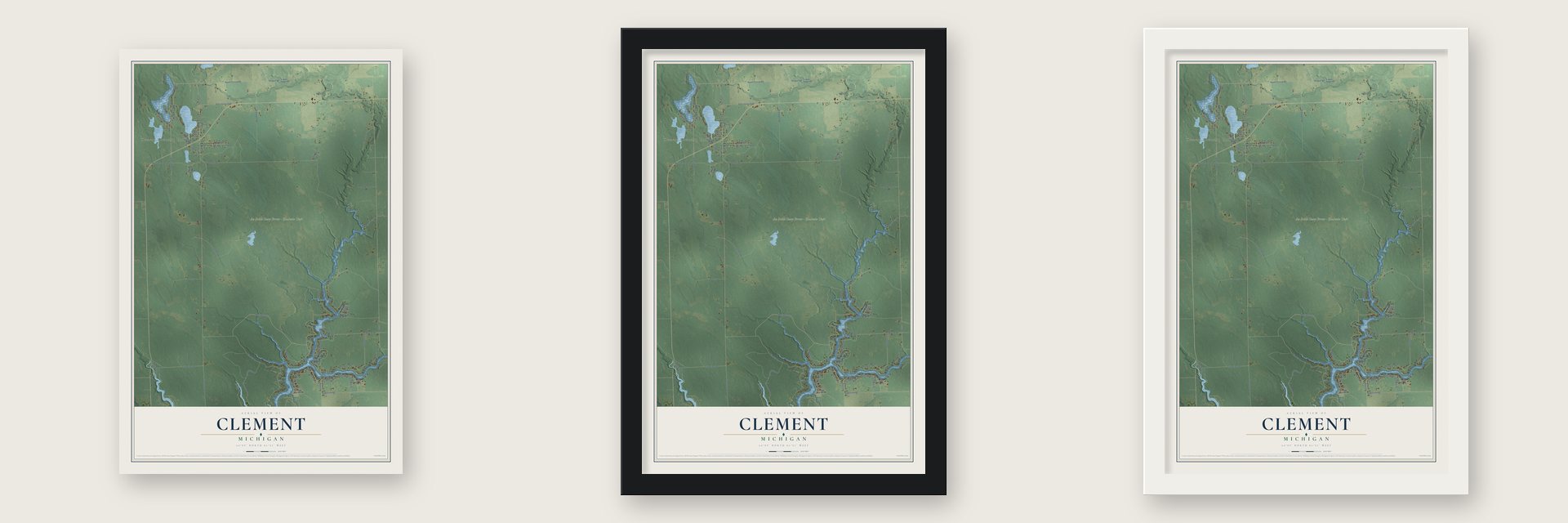 Clement, Michigan map unframed, in a black wood frame and in a white wood frame