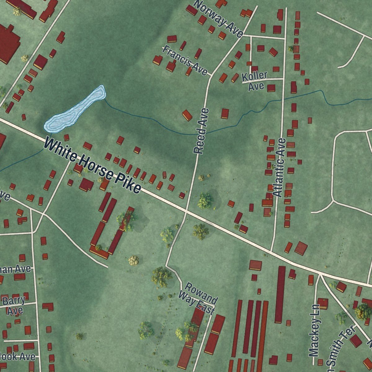 Second close-up of the map of Clementon, New Jersey print showing more streets and buildings