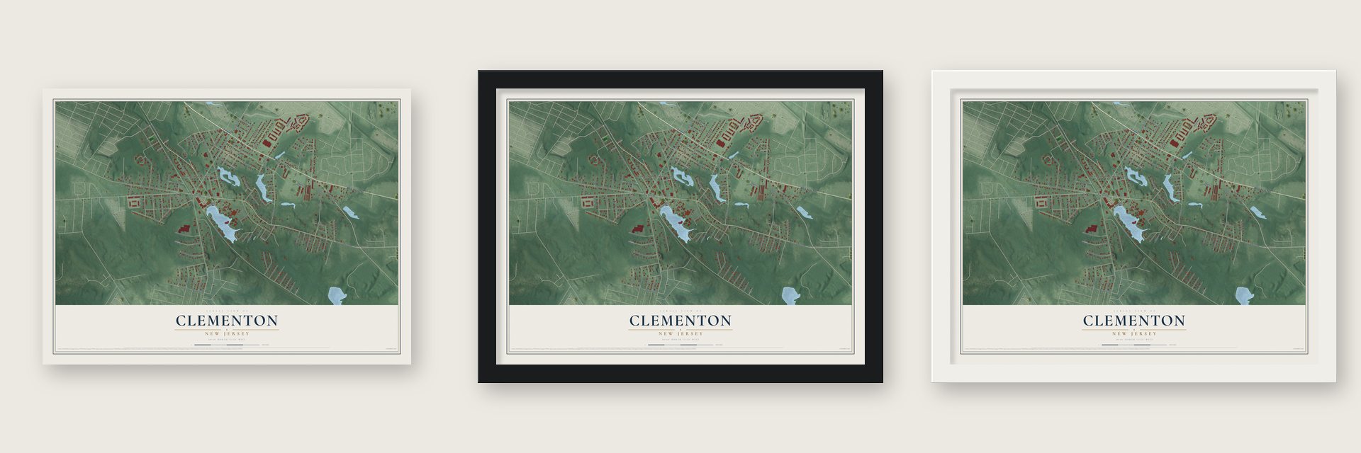 Clementon, New Jersey map unframed, in a black wood frame and in a white wood frame