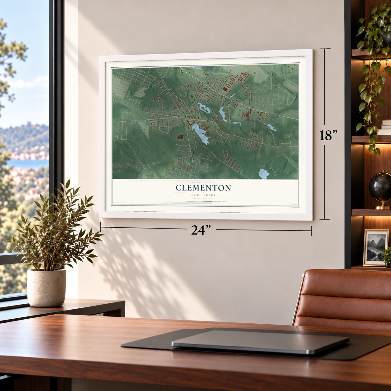 Clementon, New Jersey map, 18 x 24 inch print in a white frame in a home office