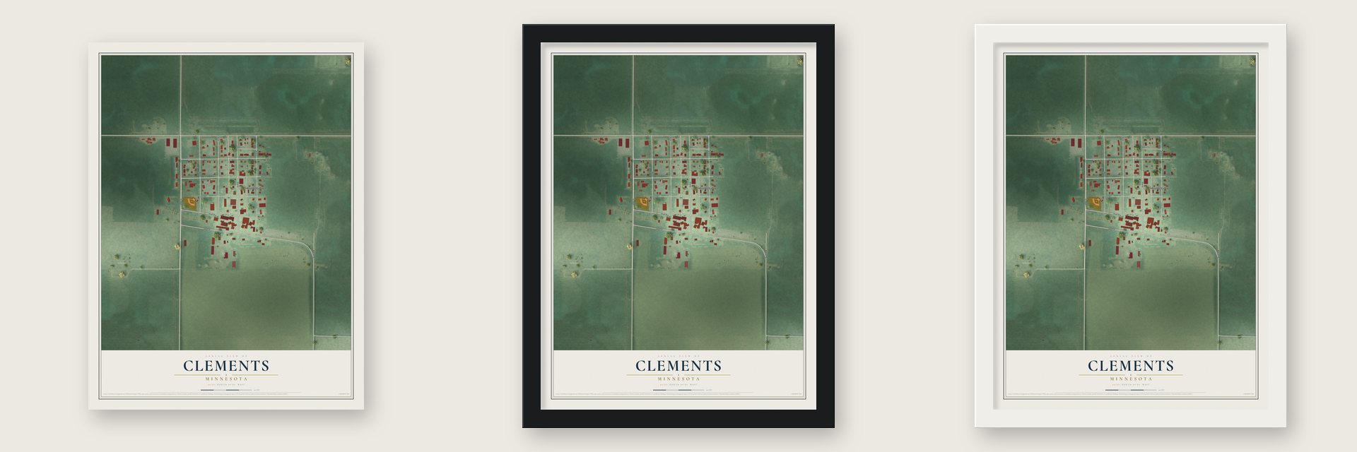 Clements, Minnesota map unframed, in a black wood frame and in a white wood frame