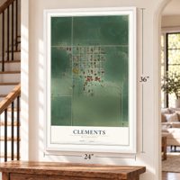 Clements, Minnesota map, 24 x 36 inch print in a white frame by a staircase