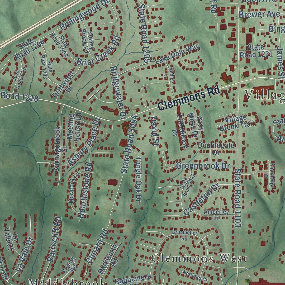 Second close-up of the map of Clemmons, North Carolina print showing more streets and buildings
