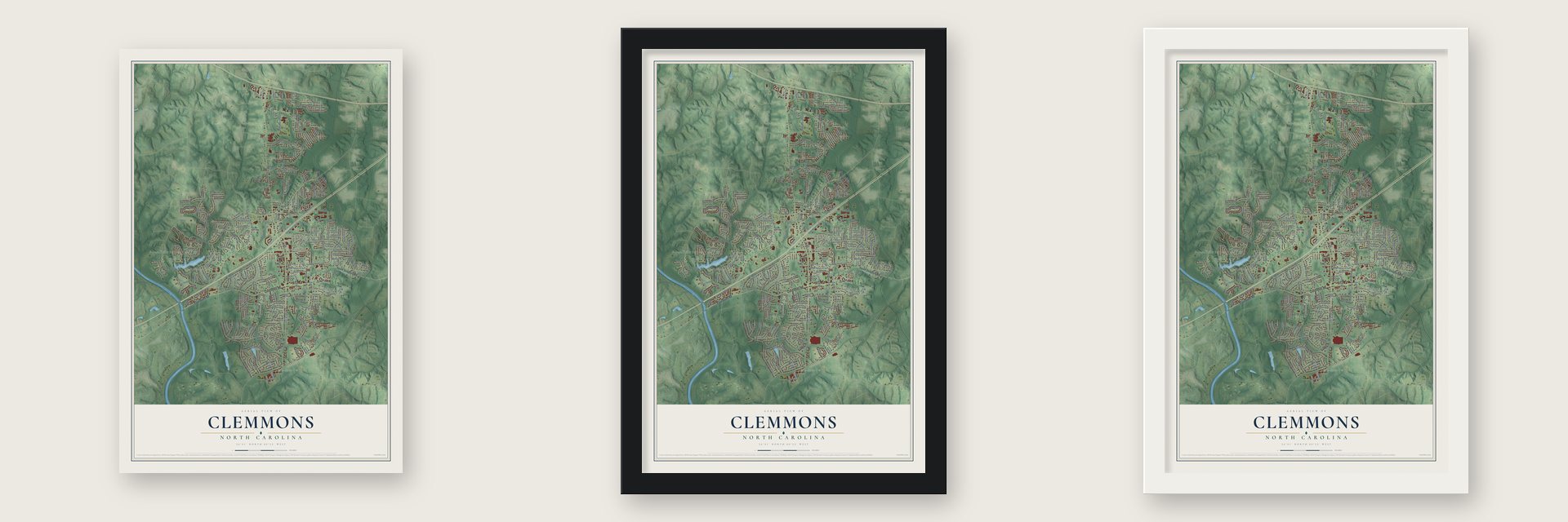 Clemmons, North Carolina map unframed, in a black wood frame and in a white wood frame
