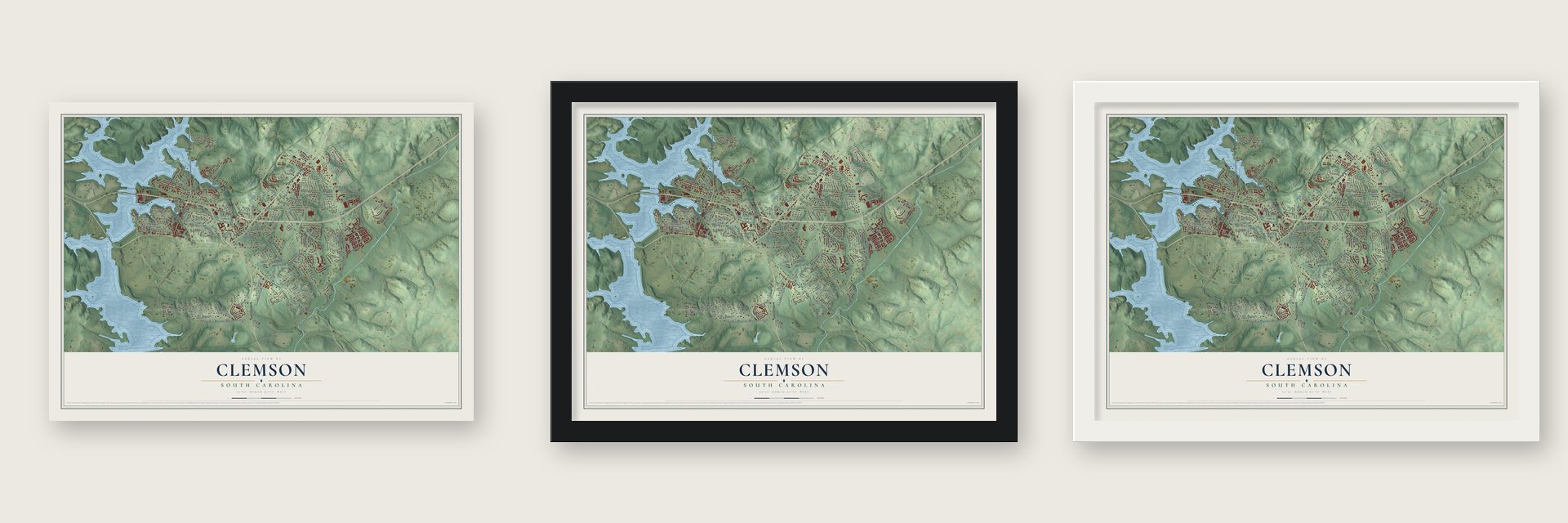 Clemson, South Carolina map unframed, in a black wood frame and in a white wood frame
