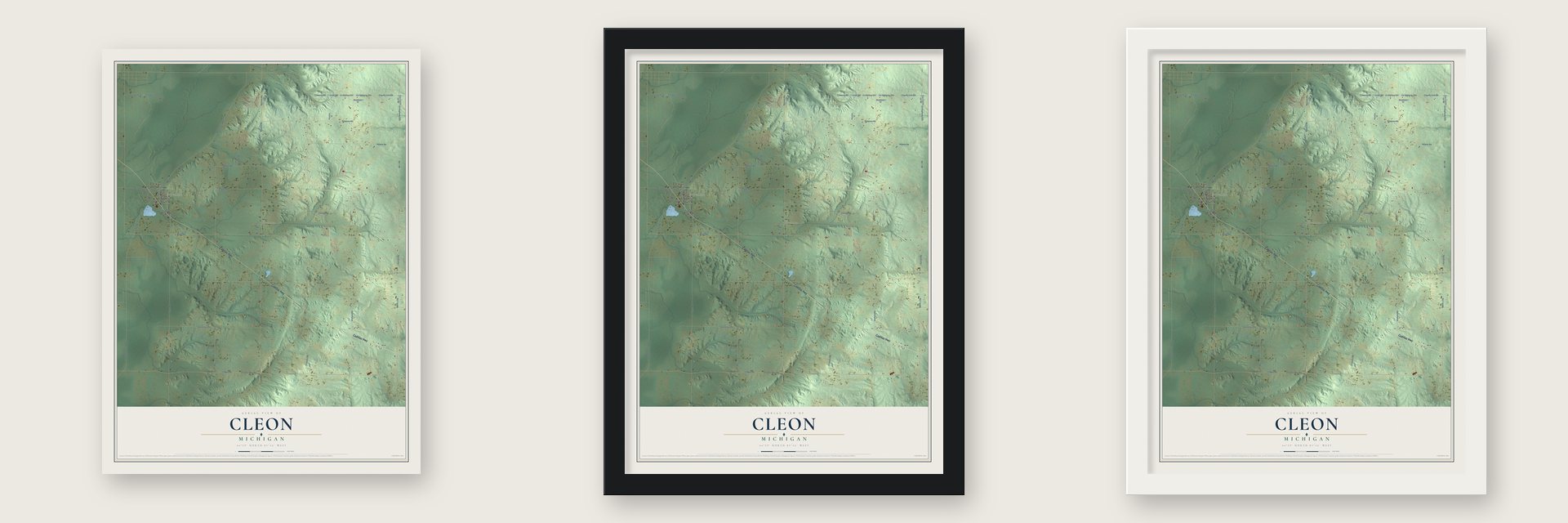 Cleon, Michigan map unframed, in a black wood frame and in a white wood frame