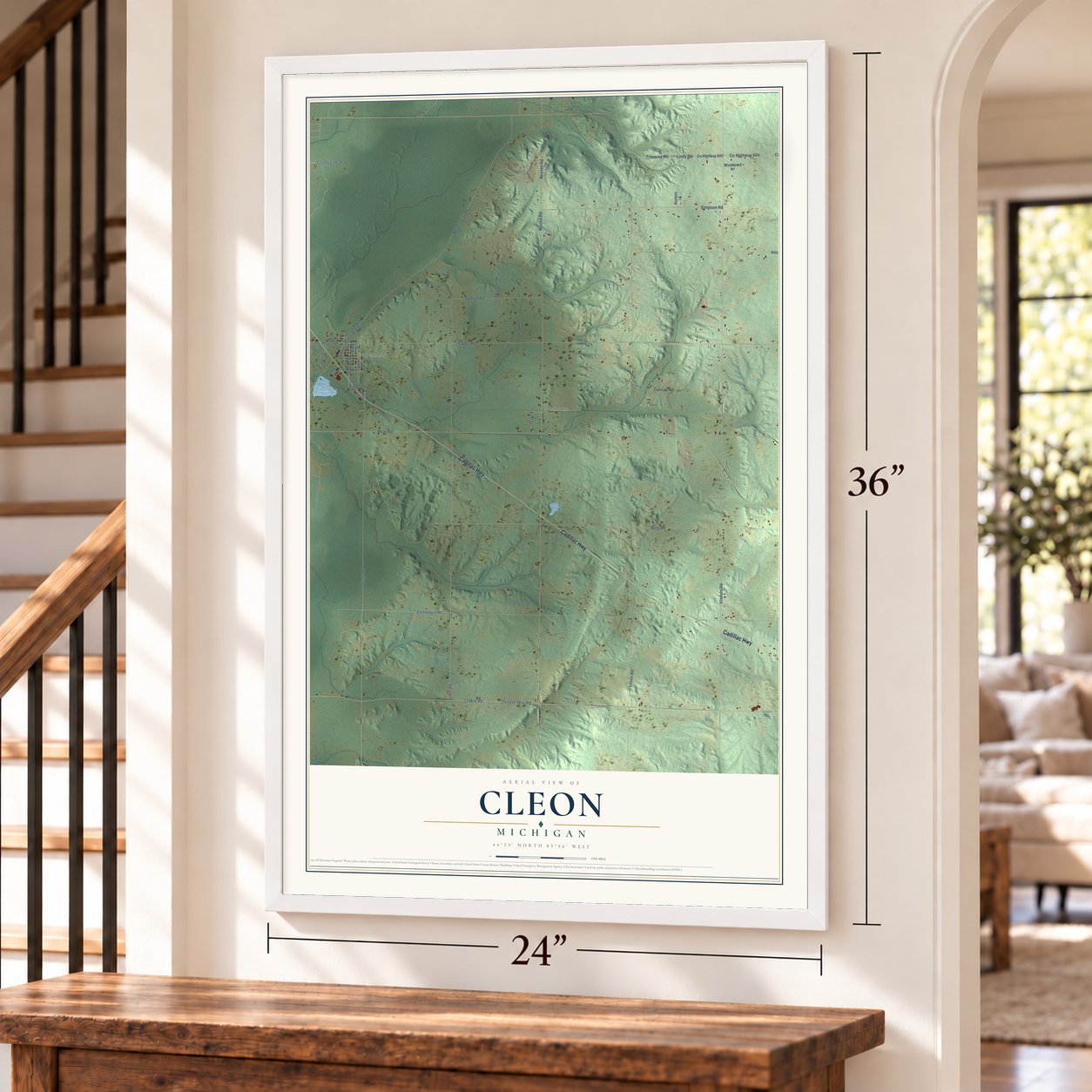 Cleon, Michigan map, 24 x 36 inch print in a white frame by a staircase