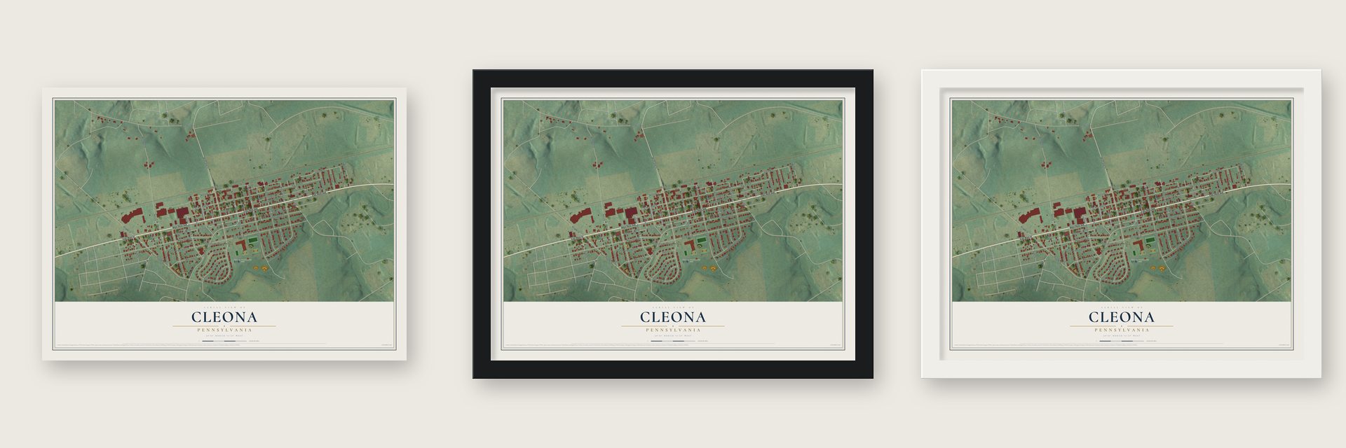 Cleona, Pennsylvania map unframed, in a black wood frame and in a white wood frame
