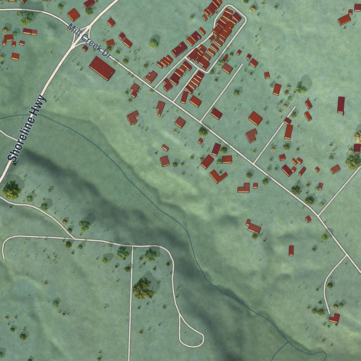 Second close-up of the map of Cleone, California print showing more streets and buildings