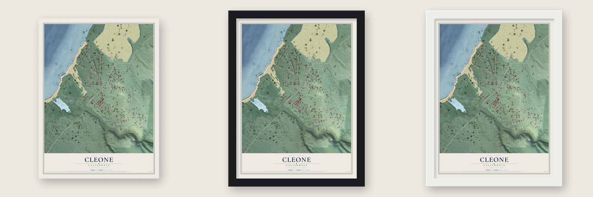 Cleone, California map unframed, in a black wood frame and in a white wood frame