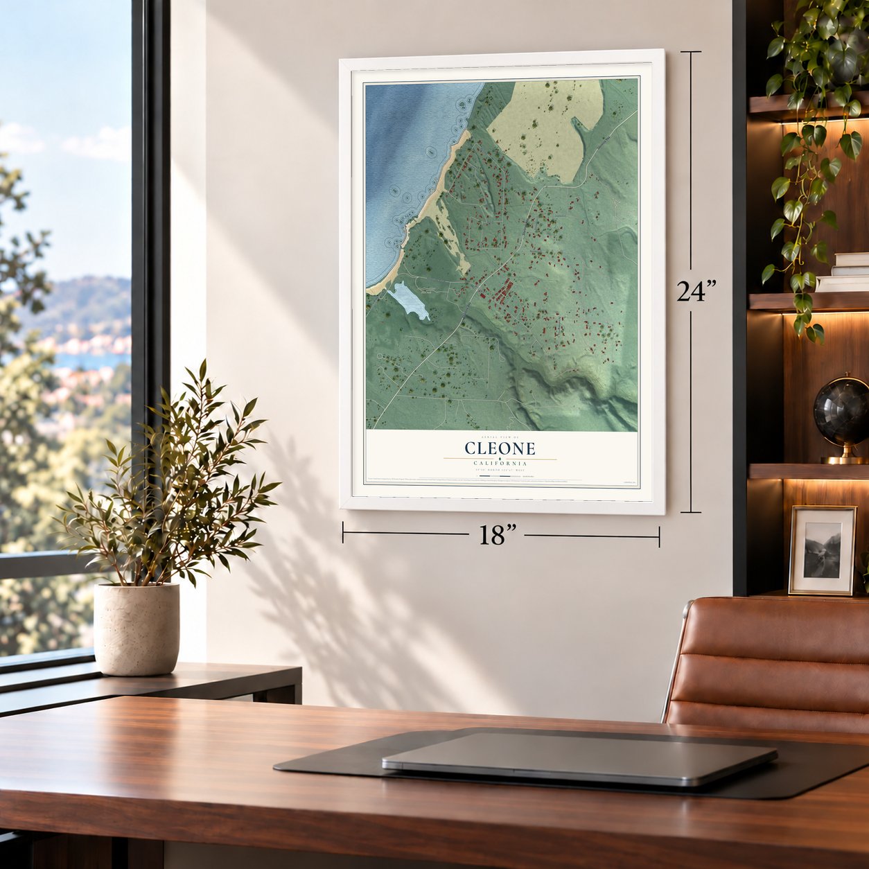 Cleone, California map, 18 x 24 inch print in a white frame in a home office
