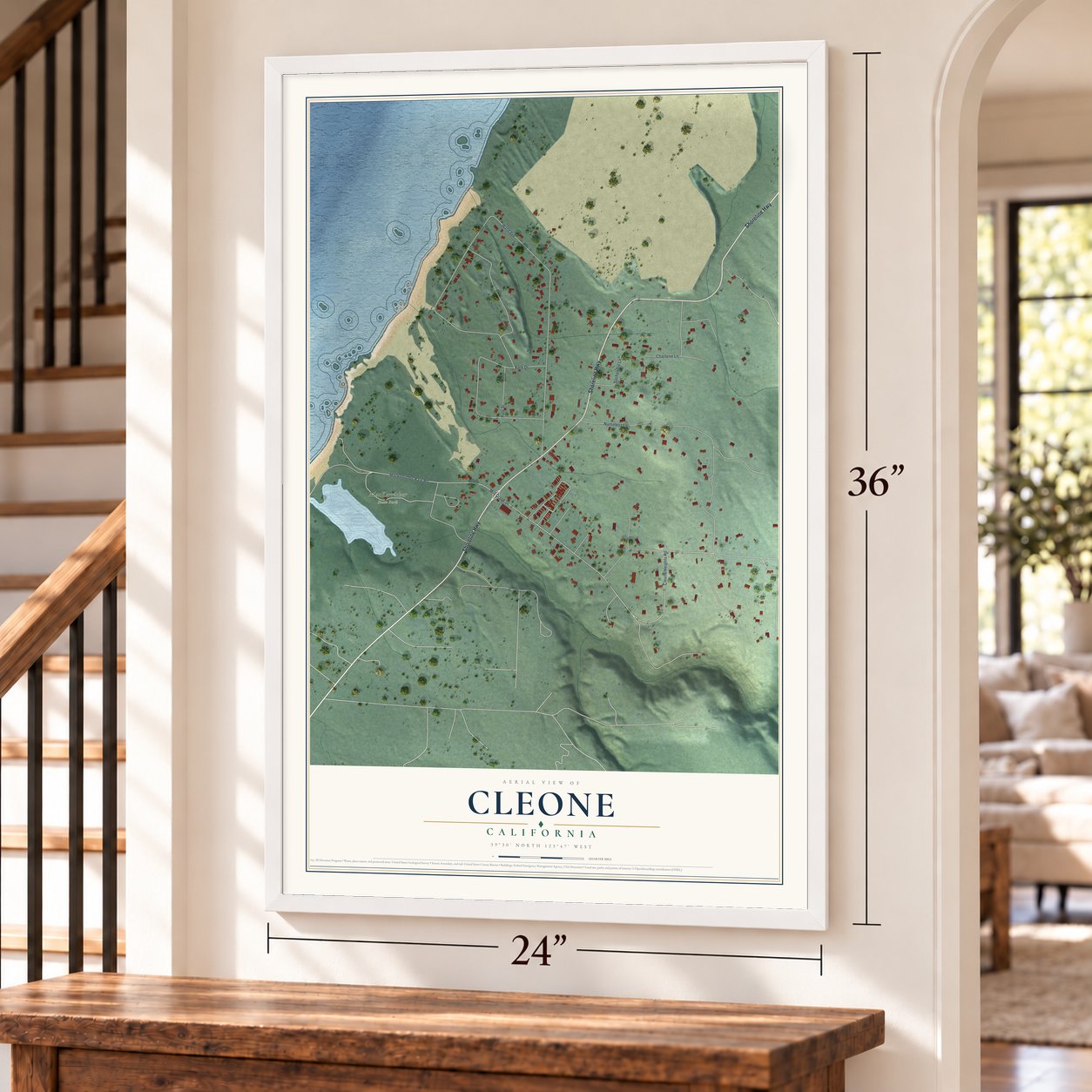 Cleone, California map, 24 x 36 inch print in a white frame by a staircase