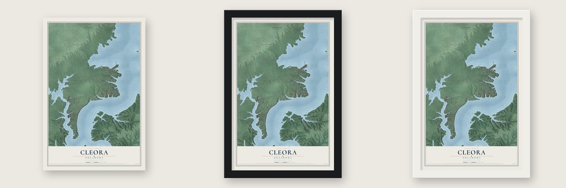 Cleora, Oklahoma map unframed, in a black wood frame and in a white wood frame
