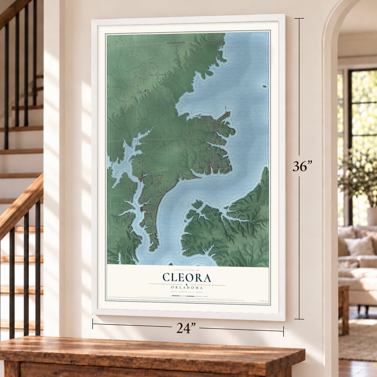 Cleora, Oklahoma map, 24 x 36 inch print in a white frame by a staircase