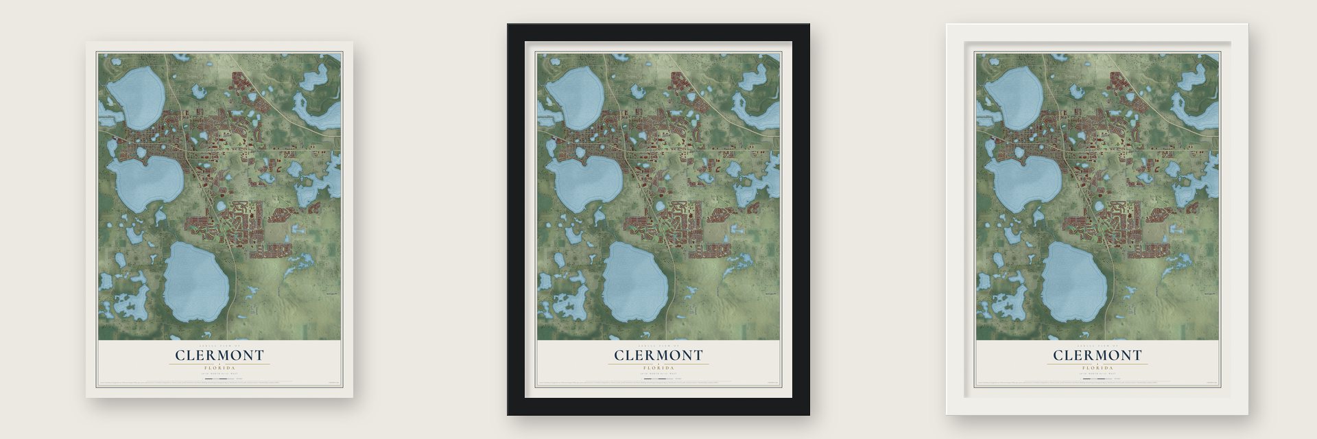 Clermont, Florida map unframed, in a black wood frame and in a white wood frame