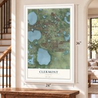 Clermont, Florida map, 24 x 36 inch print in a white frame by a staircase