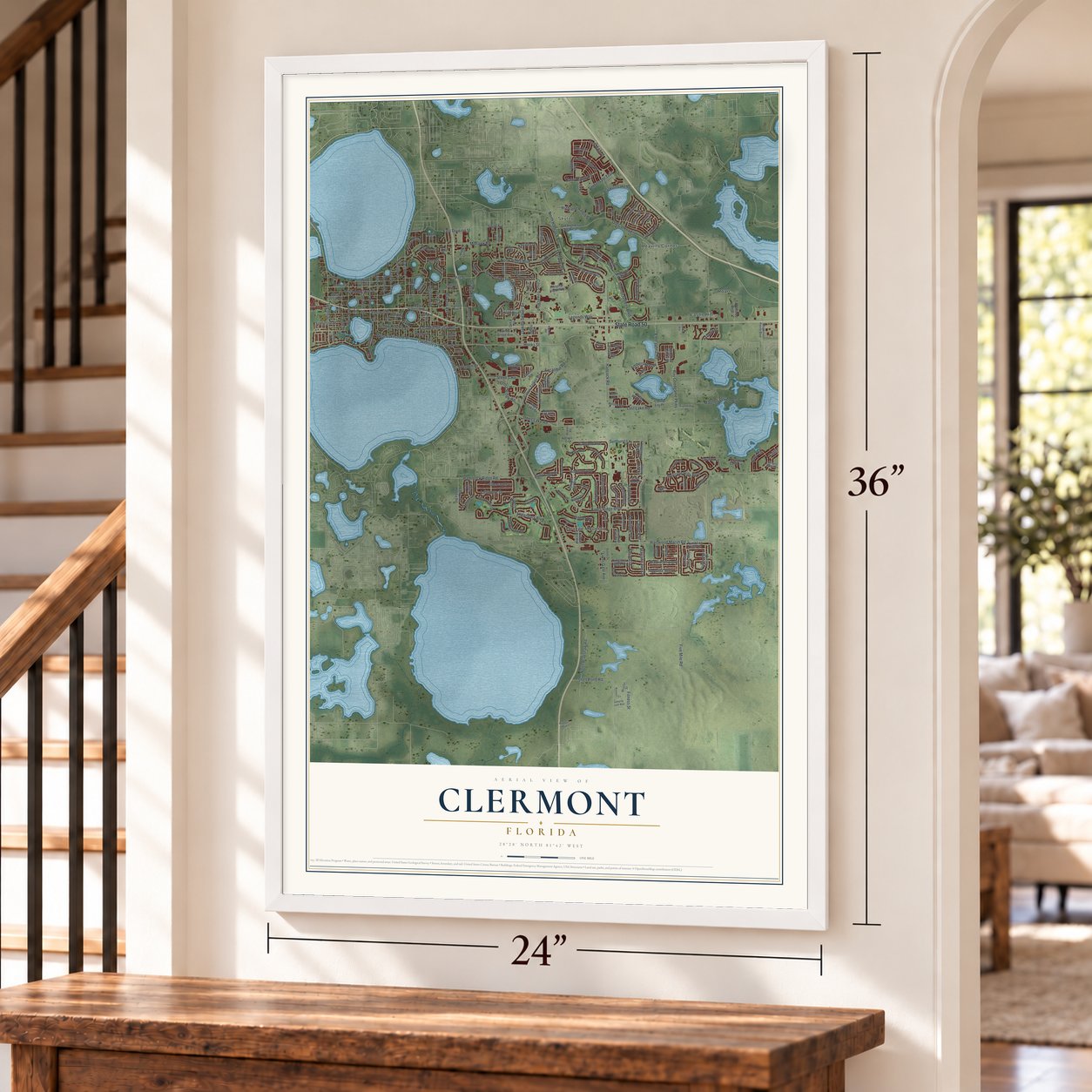 Clermont, Florida map, 24 x 36 inch print in a white frame by a staircase