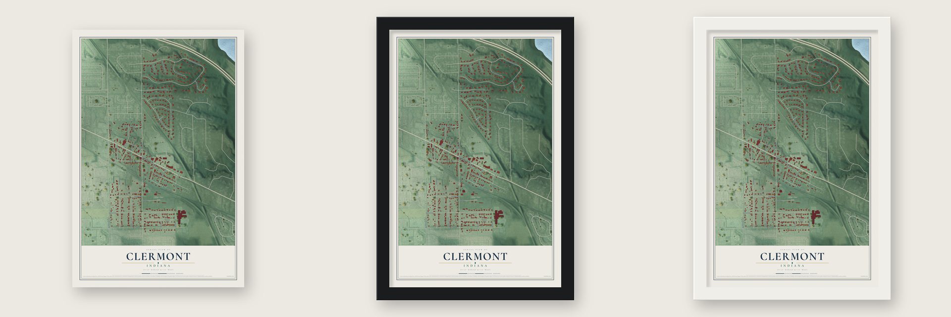 Clermont, Indiana map unframed, in a black wood frame and in a white wood frame