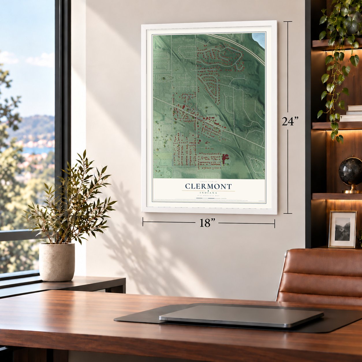 Clermont, Indiana map, 18 x 24 inch print in a white frame in a home office