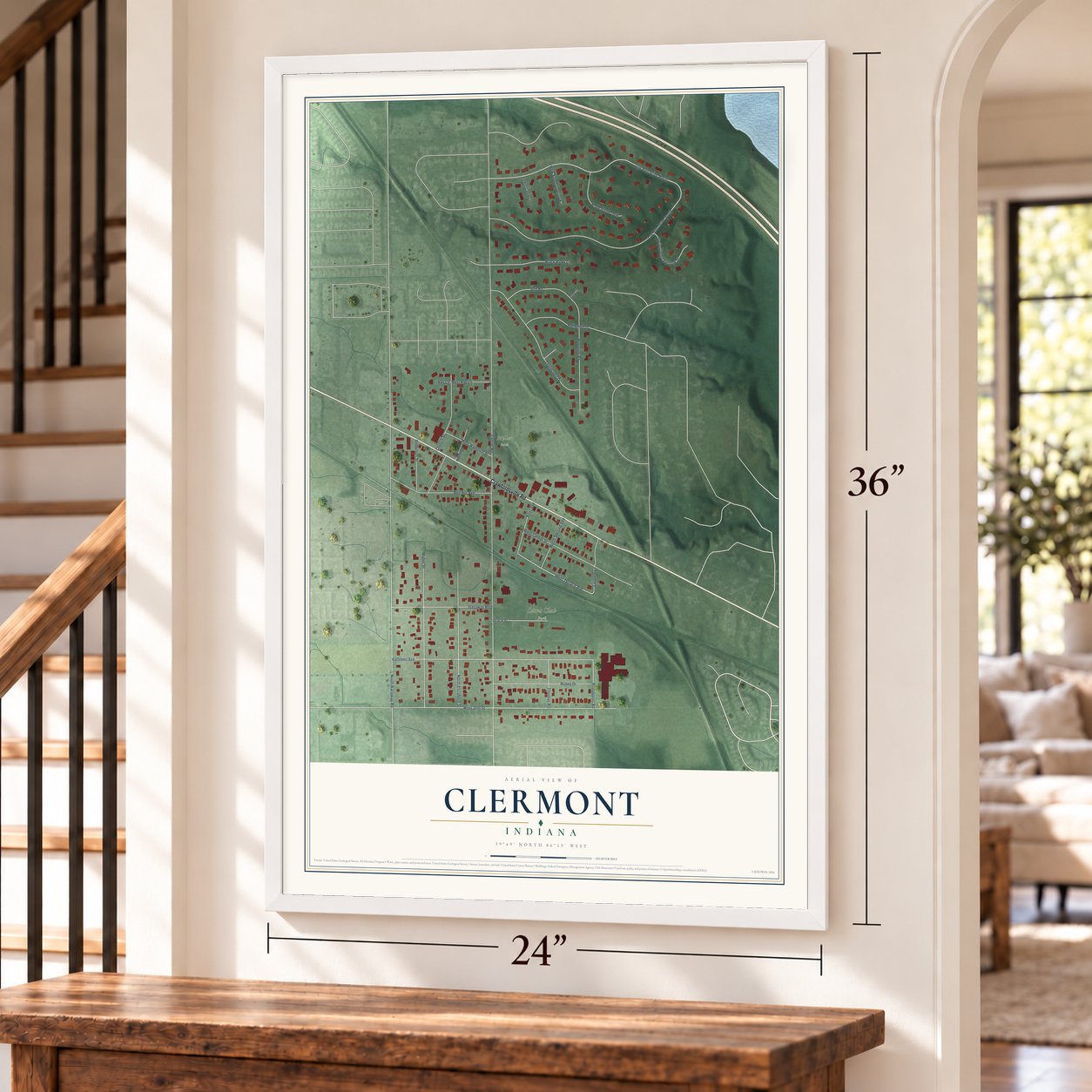 Clermont, Indiana map, 24 x 36 inch print in a white frame by a staircase
