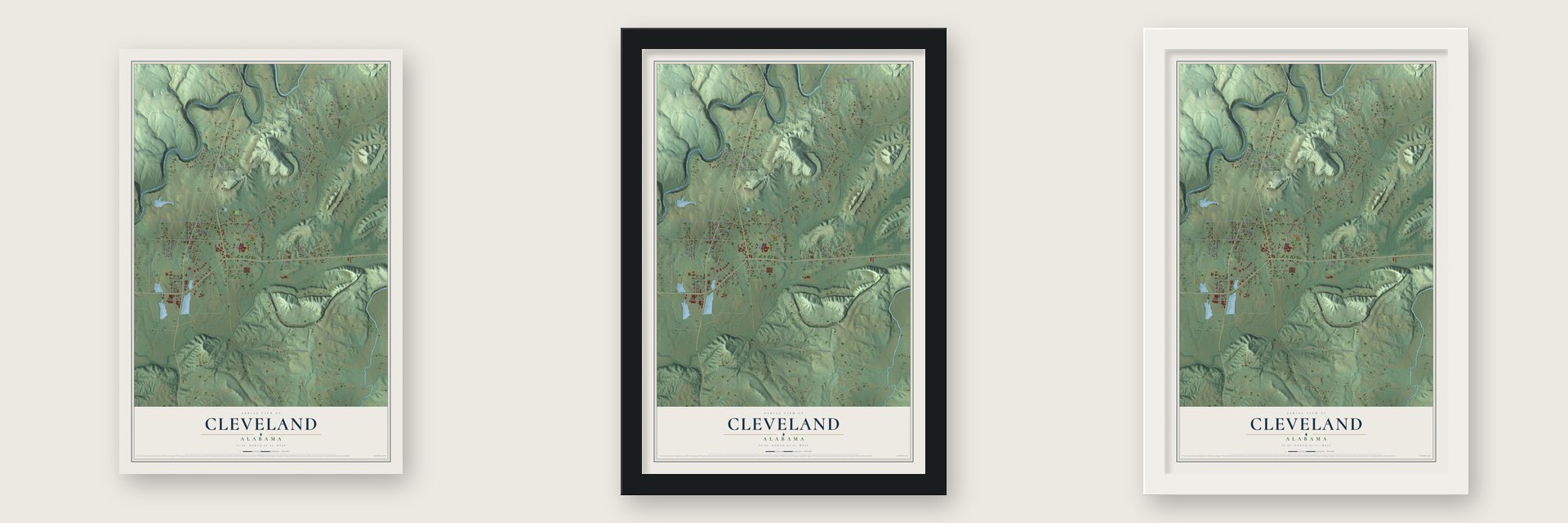 Cleveland, Alabama map unframed, in a black wood frame and in a white wood frame