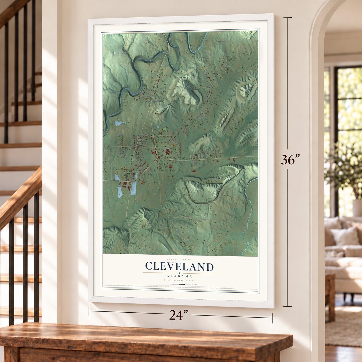 Cleveland, Alabama map, 24 x 36 inch print in a white frame by a staircase
