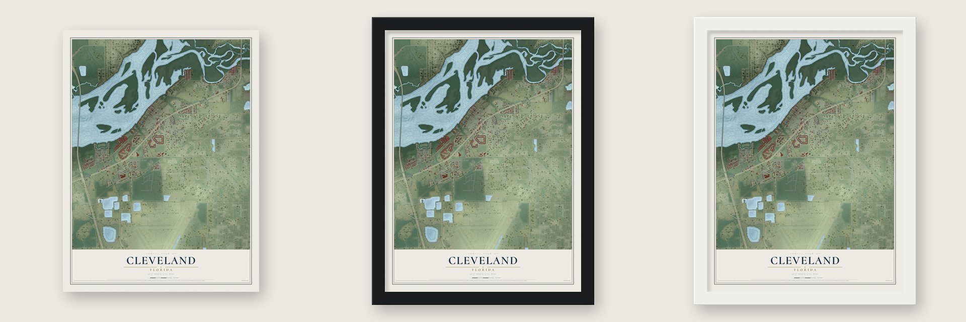 Cleveland, Florida map unframed, in a black wood frame and in a white wood frame