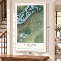 Cleveland, Florida map, 24 x 36 inch print in a white frame by a staircase