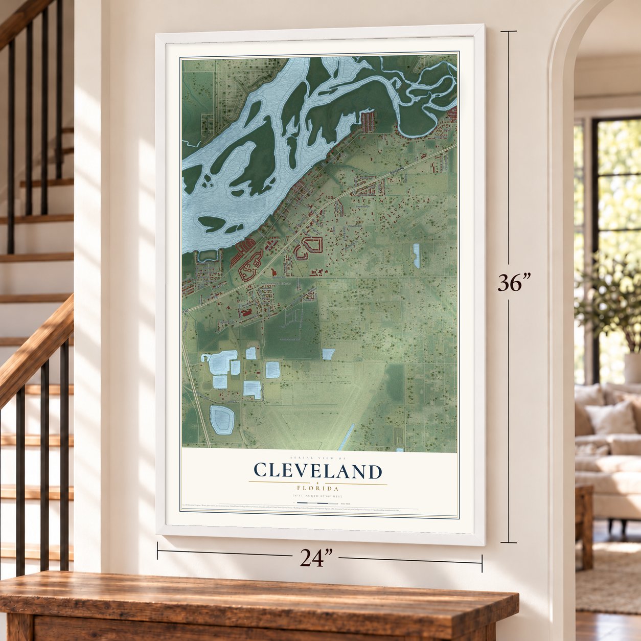 Cleveland, Florida map, 24 x 36 inch print in a white frame by a staircase