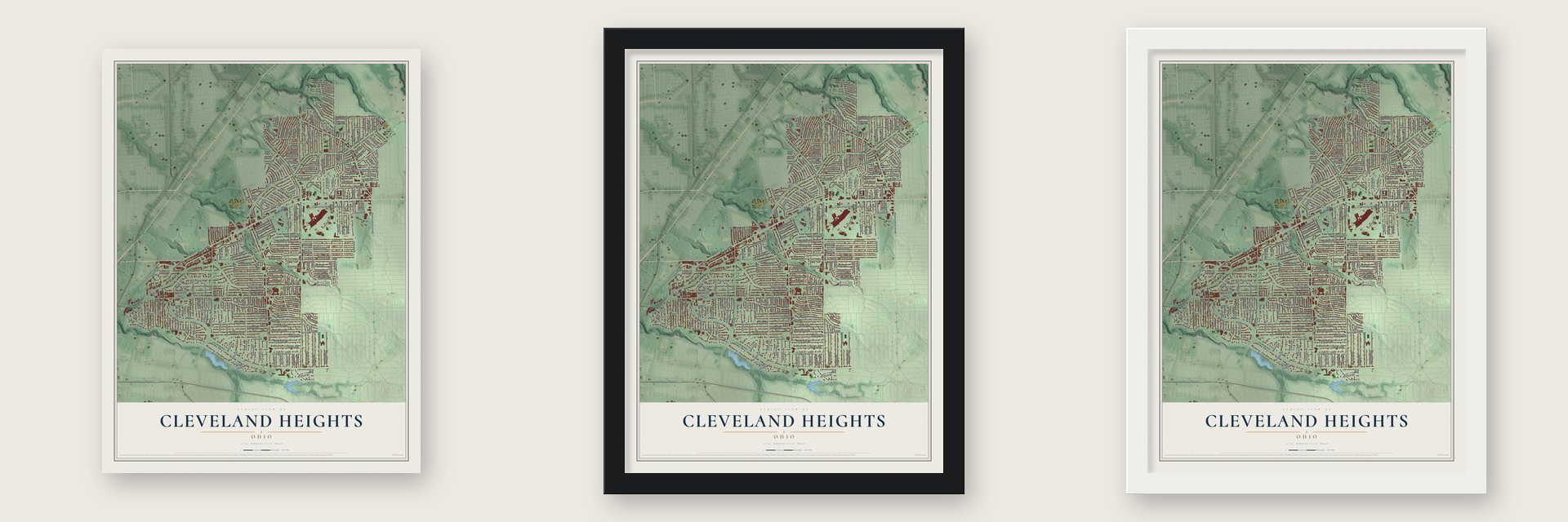 Cleveland Heights, Ohio map unframed, in a black wood frame and in a white wood frame