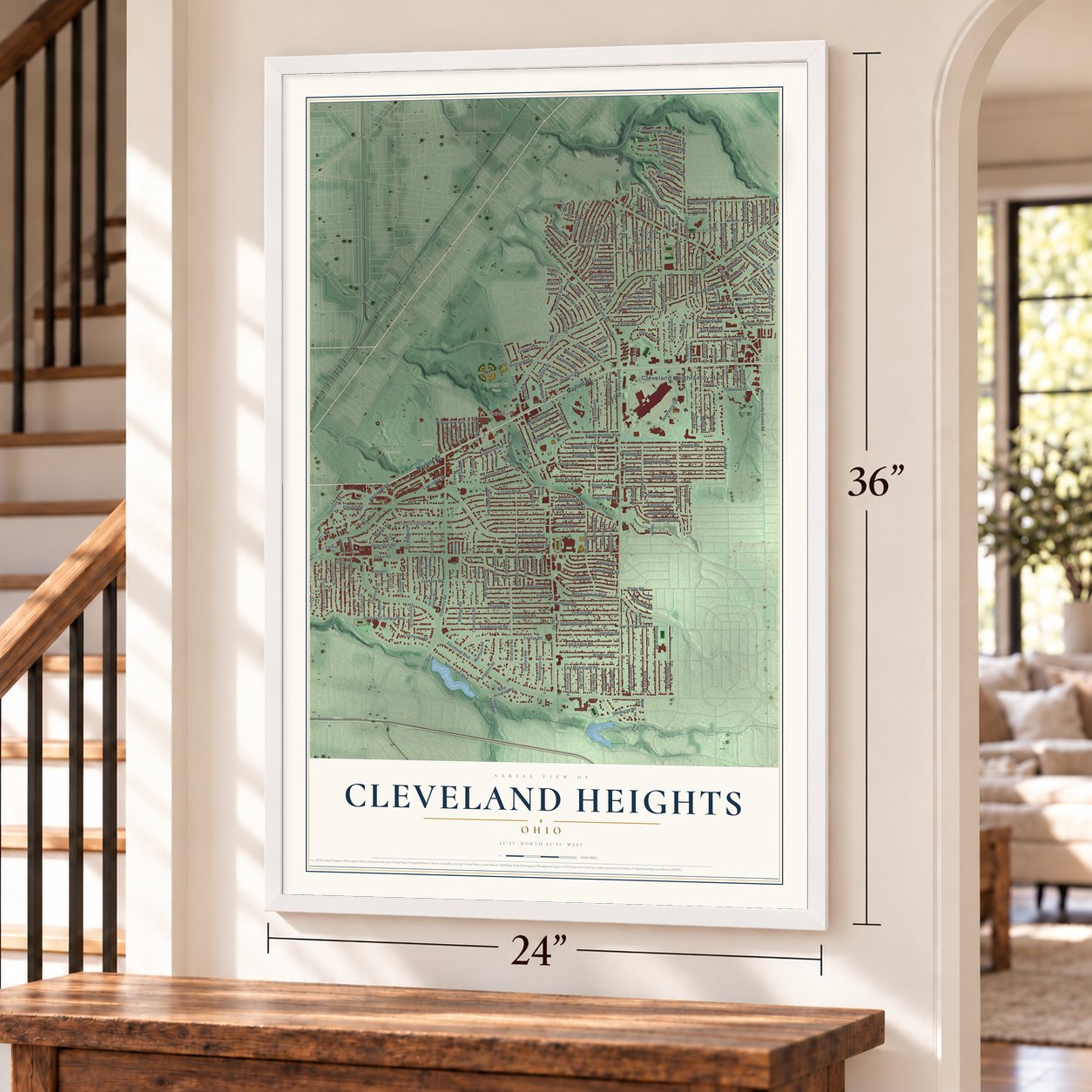 Cleveland Heights, Ohio map, 24 x 36 inch print in a white frame by a staircase