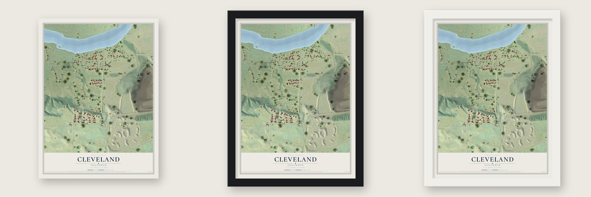 Cleveland, Illinois map unframed, in a black wood frame and in a white wood frame