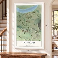 Cleveland, Illinois map, 24 x 36 inch print in a white frame by a staircase