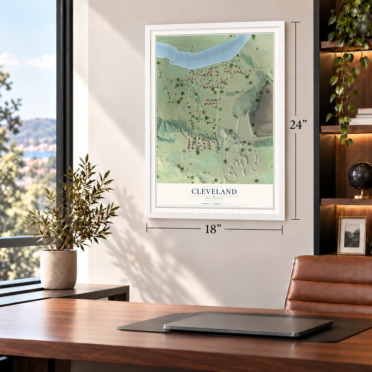 Cleveland, Illinois map, 18 x 24 inch print in a white frame in a home office