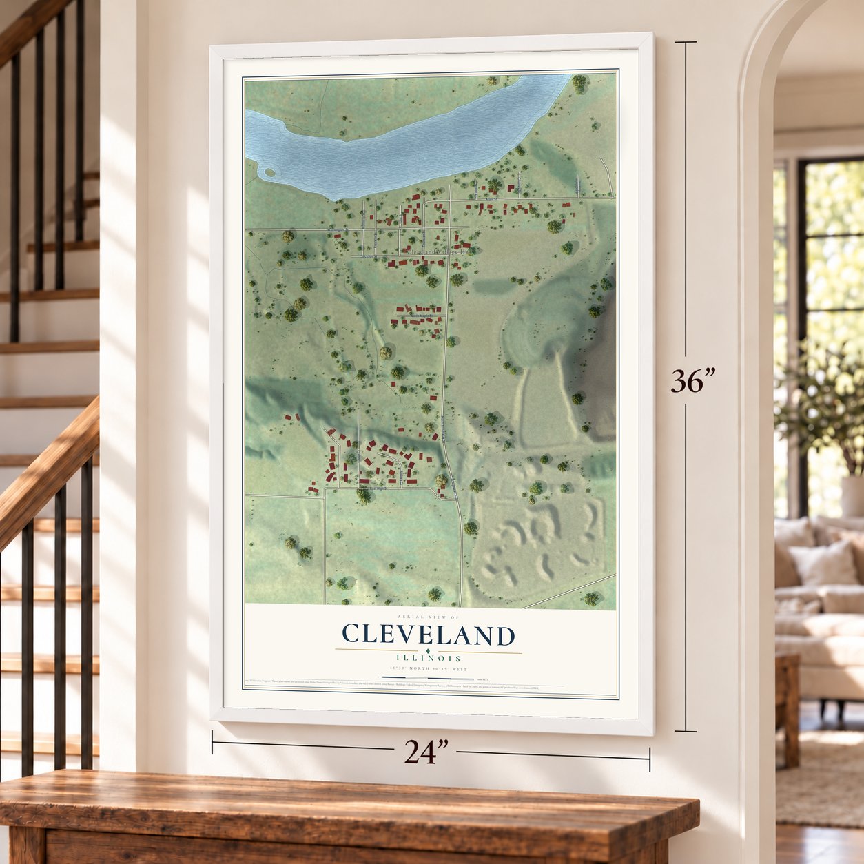 Cleveland, Illinois map, 24 x 36 inch print in a white frame by a staircase