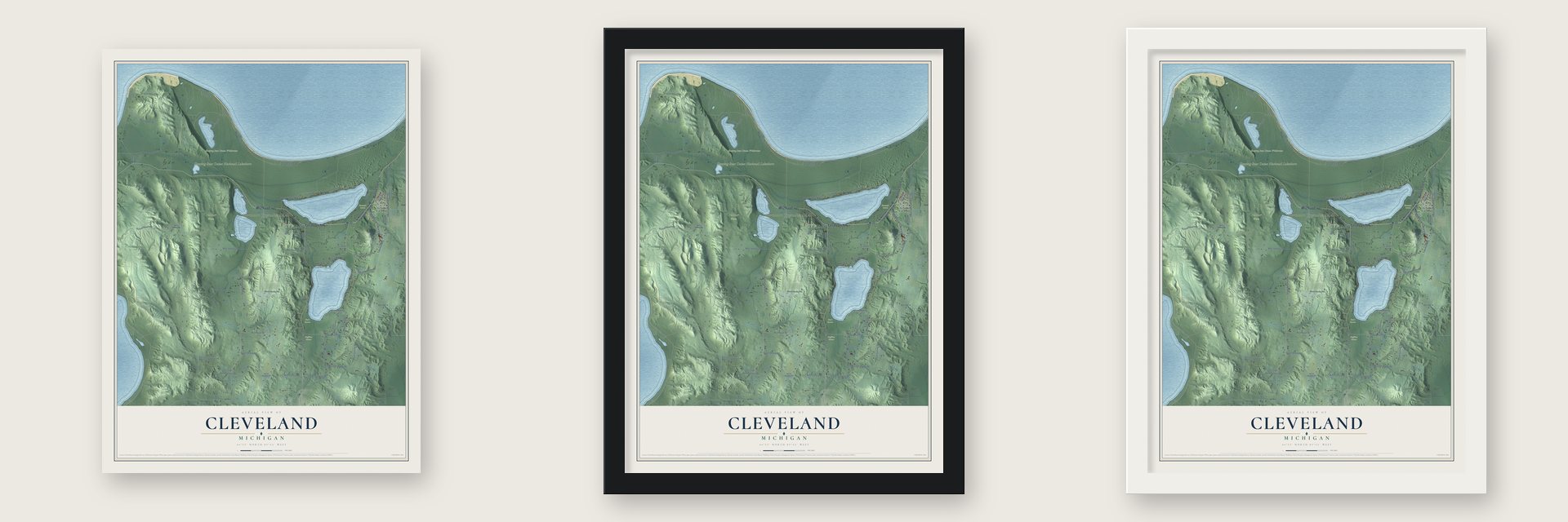 Cleveland, Michigan map unframed, in a black wood frame and in a white wood frame