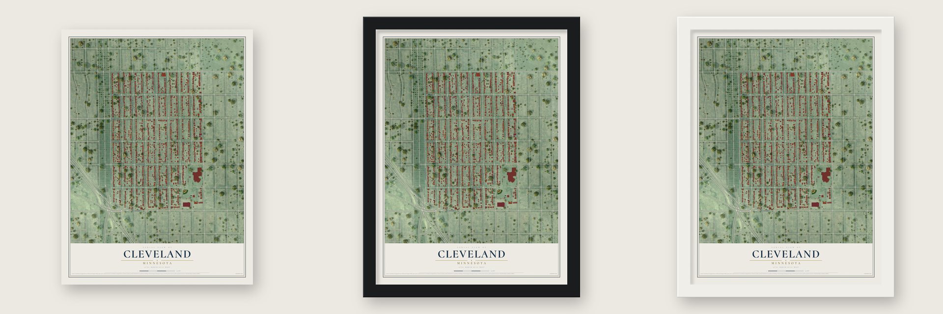 Cleveland, Minneapolis, Minnesota map unframed, in a black wood frame and in a white wood frame