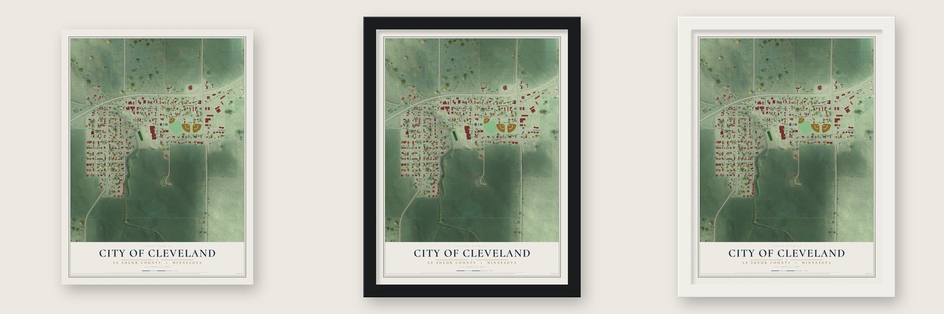 Cleveland, Minnesota map unframed, in a black wood frame and in a white wood frame