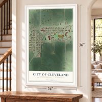 Cleveland, Minnesota map, 24 x 36 inch print in a white frame by a staircase
