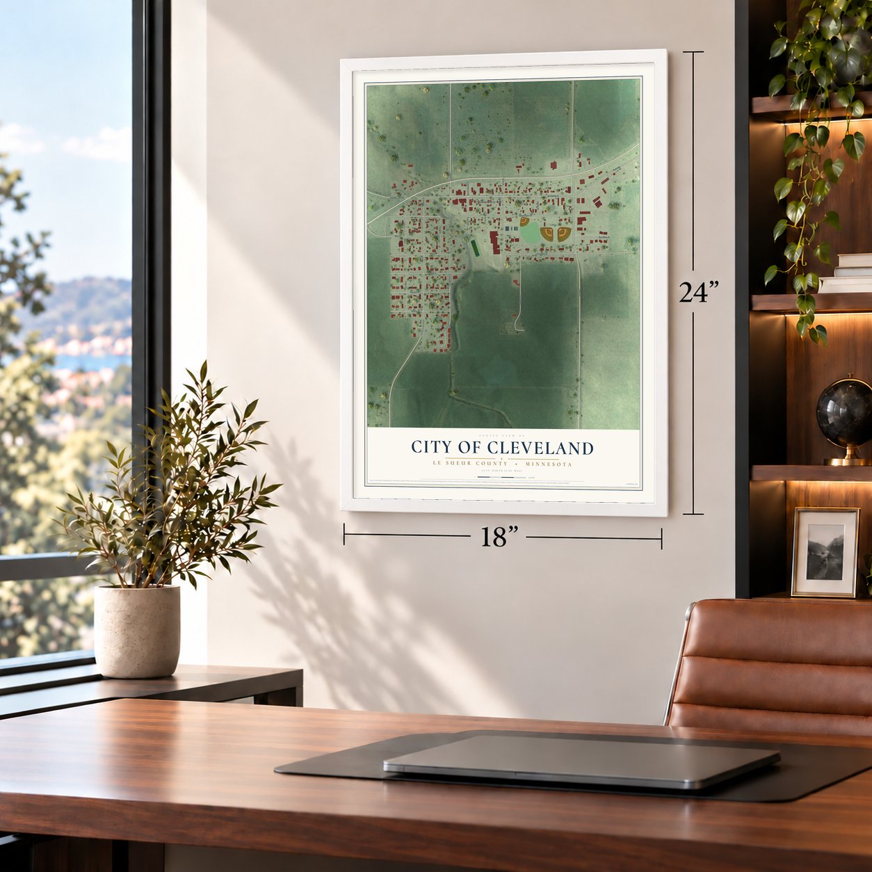 Cleveland, Minnesota map, 18 x 24 inch print in a white frame in a home office