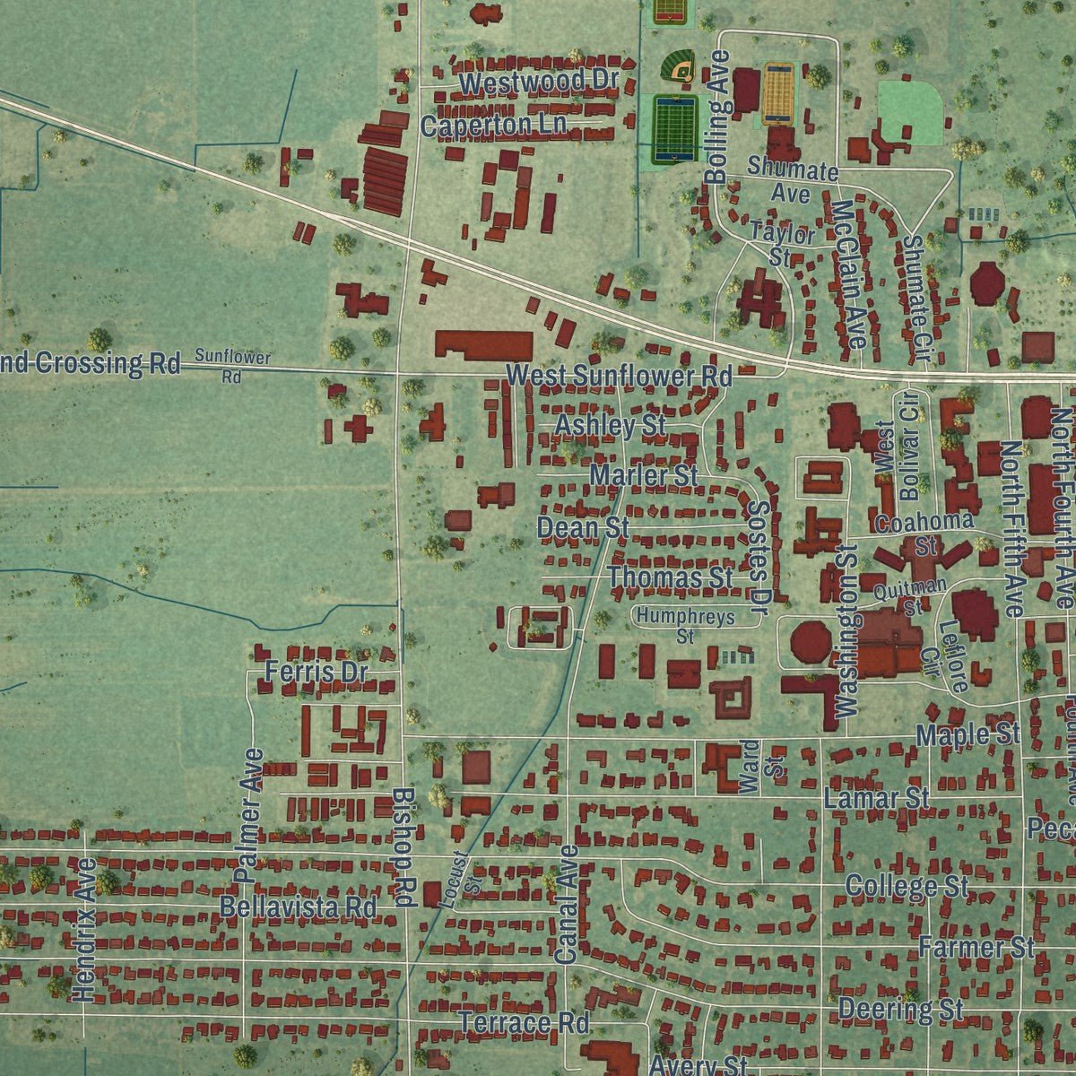 Second close-up of the map of Cleveland, Mississippi print showing more streets and buildings