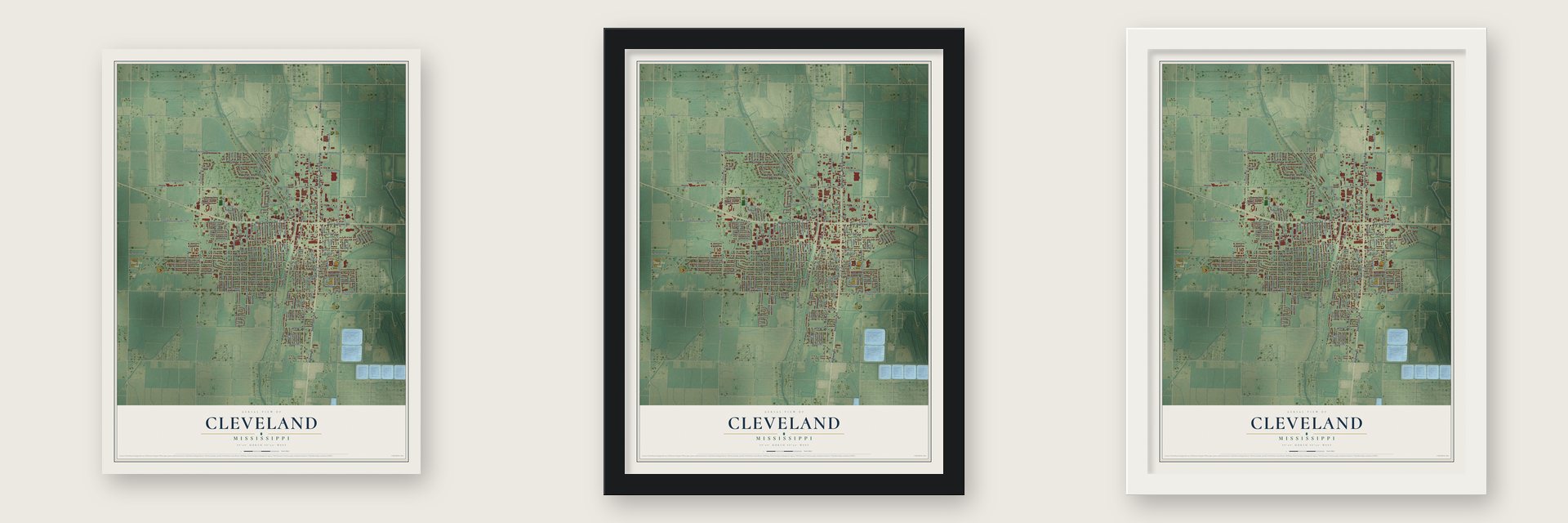 Cleveland, Mississippi map unframed, in a black wood frame and in a white wood frame