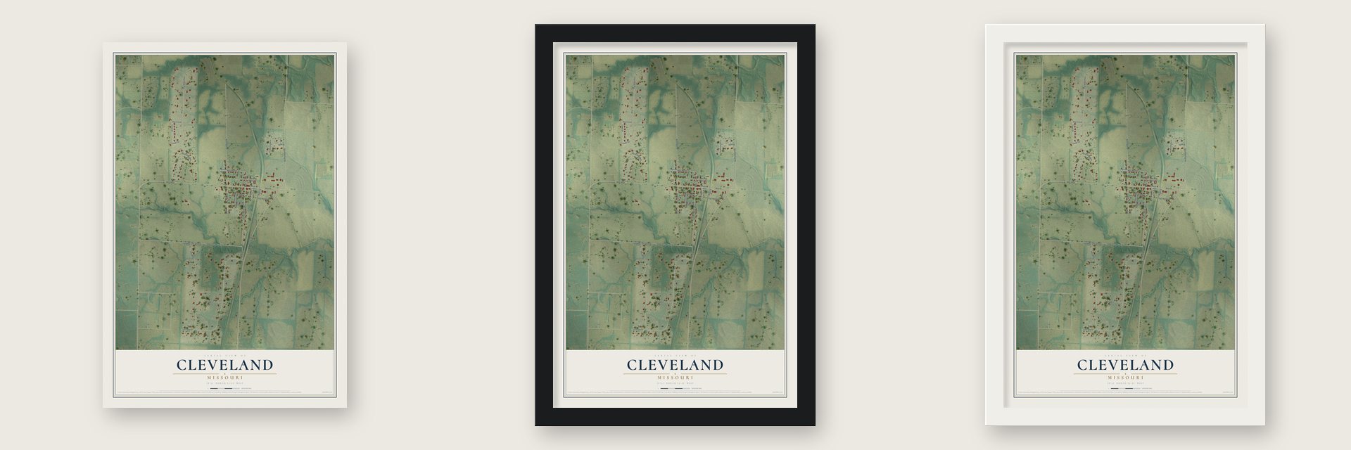 Cleveland, Missouri map unframed, in a black wood frame and in a white wood frame