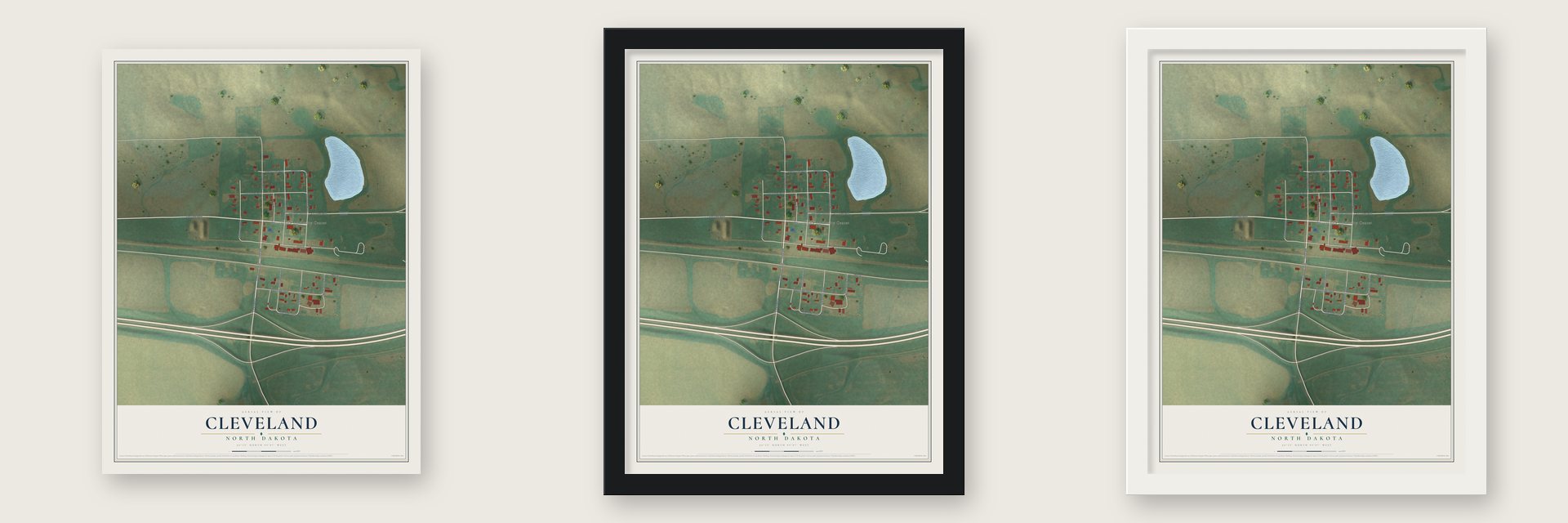 Cleveland, North Dakota map unframed, in a black wood frame and in a white wood frame